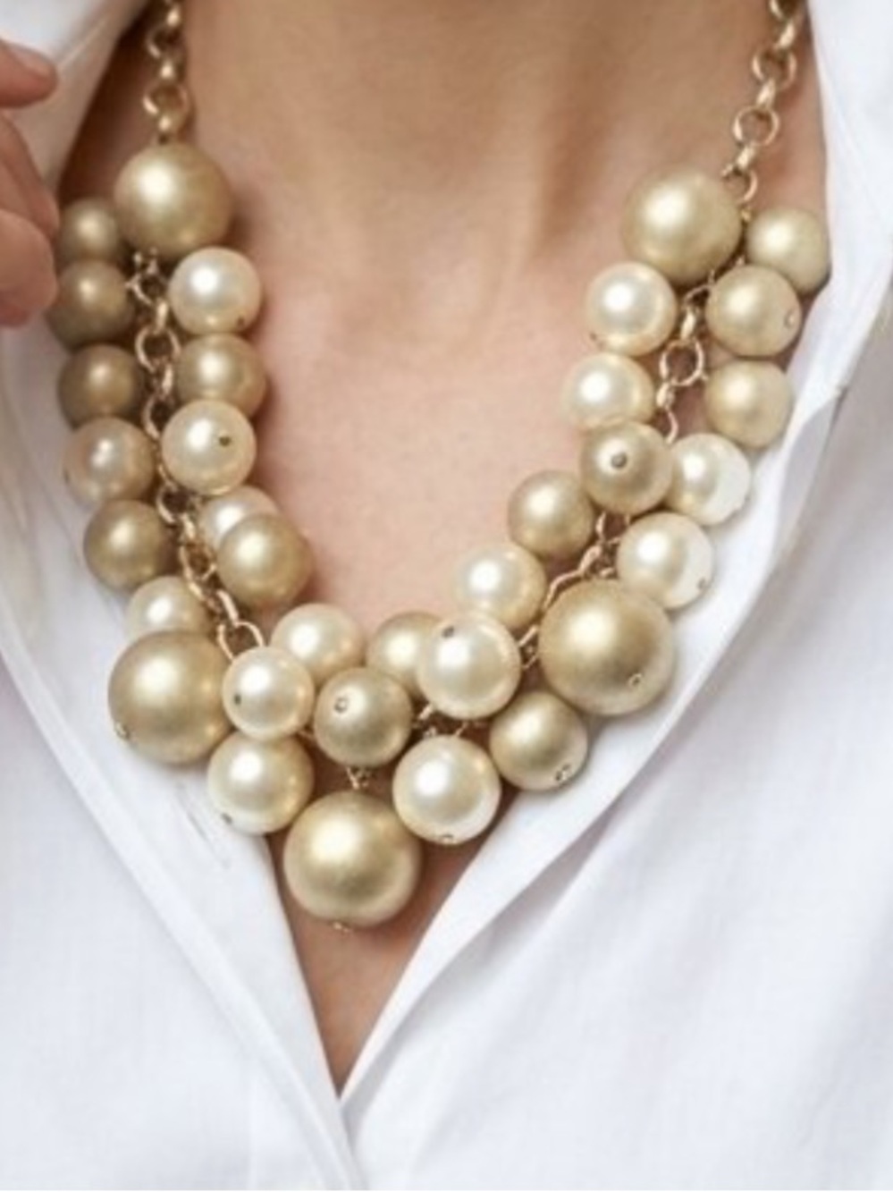 Vintage Gold and Ivory Large Pearls Statement Necklace Bib multi strand